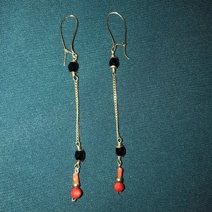 14k Gold Coral-Ónix-Carnelian Boho Style Earrings